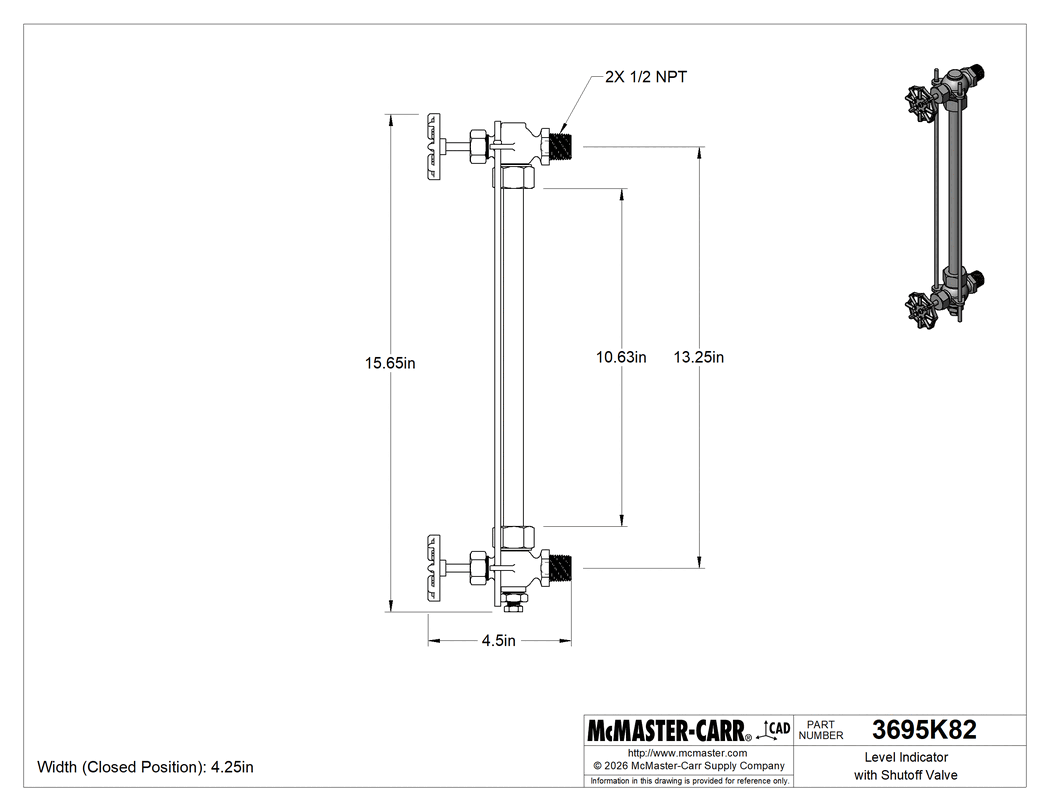 Technical Drawing of Liquid-Level Indicator with Shutoff Valve, Bronze, 1/2 NPT Male, Automatic Shutoff.